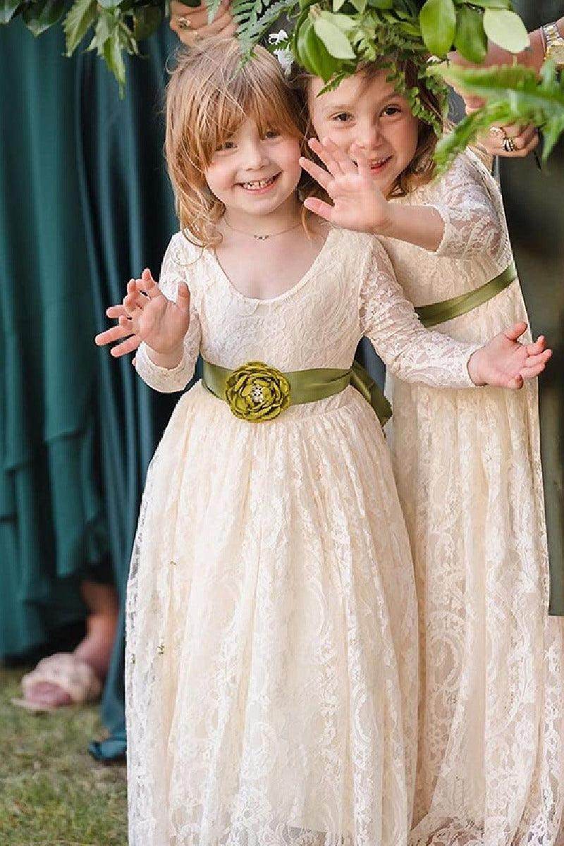 A-Line Scoop Neck Long Sleeve Lace Maxi Flower Girl Dresses 727596202219 - COCOMELODY